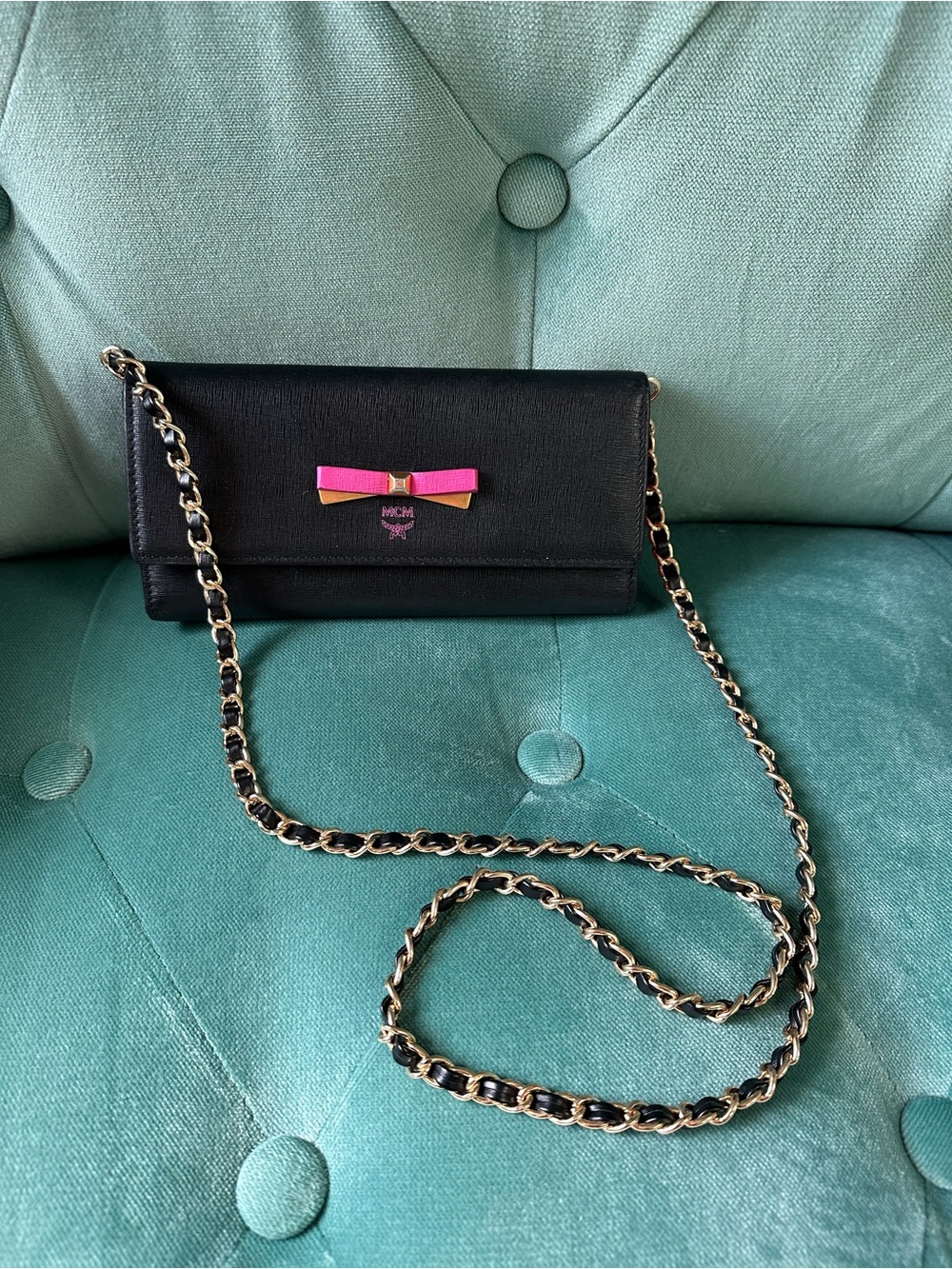 MCM Black Leather Wallet with Pink and Gold Bow